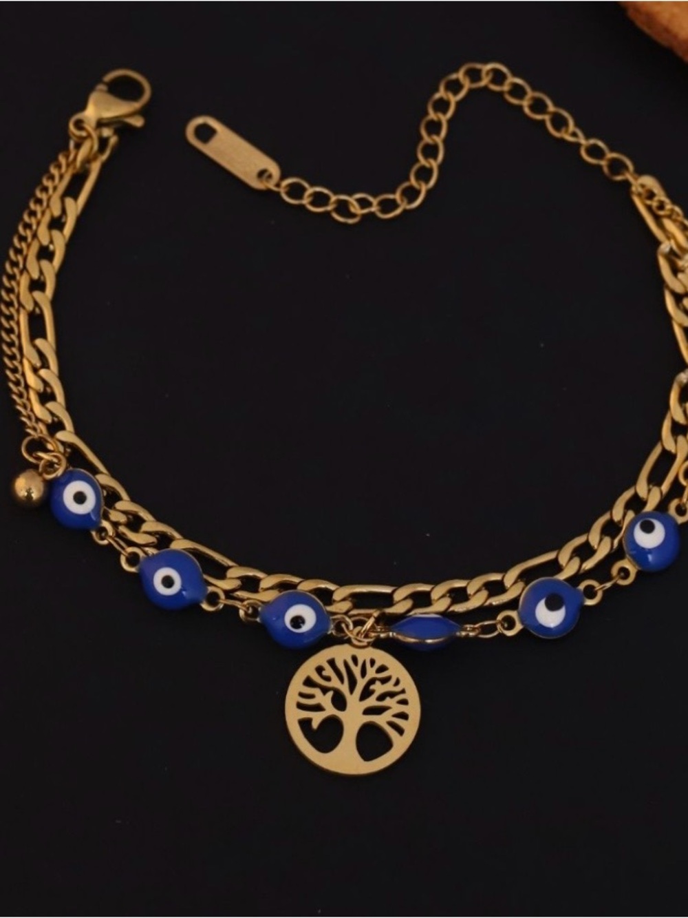 Gold Tree of Life Bracelet with Blue Evil Eye Beads